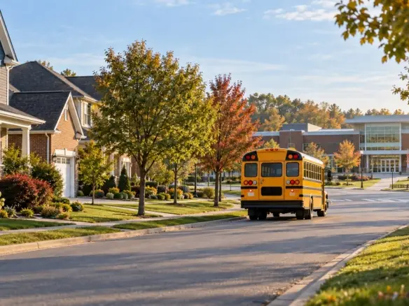 School bus traveling through a Central Ohio neighborhood toward a public school