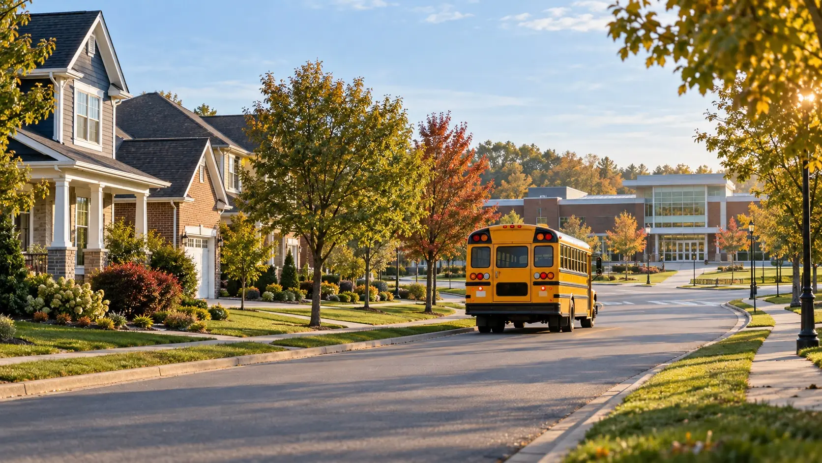School bus traveling through a Central Ohio neighborhood toward a public school