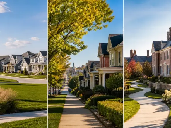 Three Central Ohio neighborhood scenes comparing Blacklick, Gahanna, and New Albany