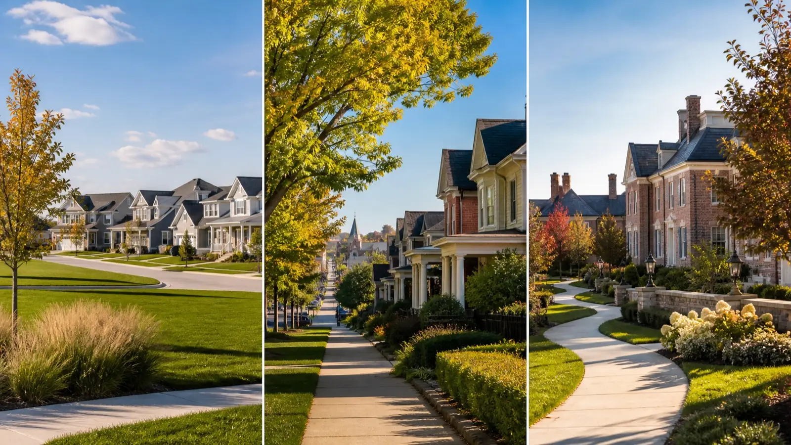 Three Central Ohio neighborhood scenes comparing Blacklick, Gahanna, and New Albany