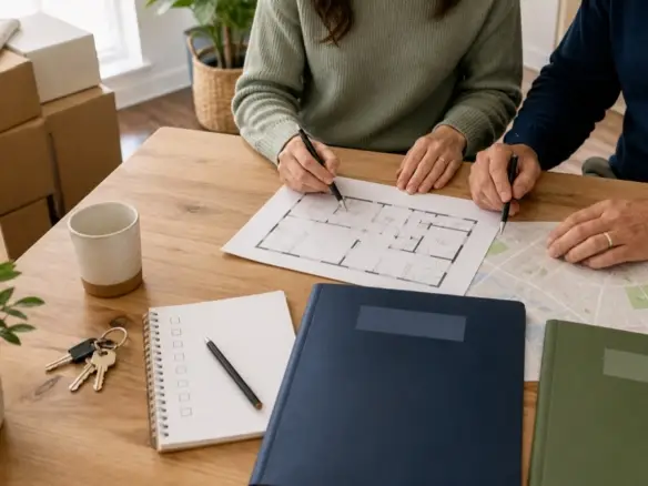 Couple planning a Central Ohio home purchase and sale with keys, moving boxes, and home documents