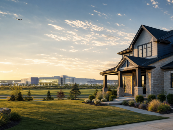 Modern Central Ohio home near advanced aerospace manufacturing facility at golden hour