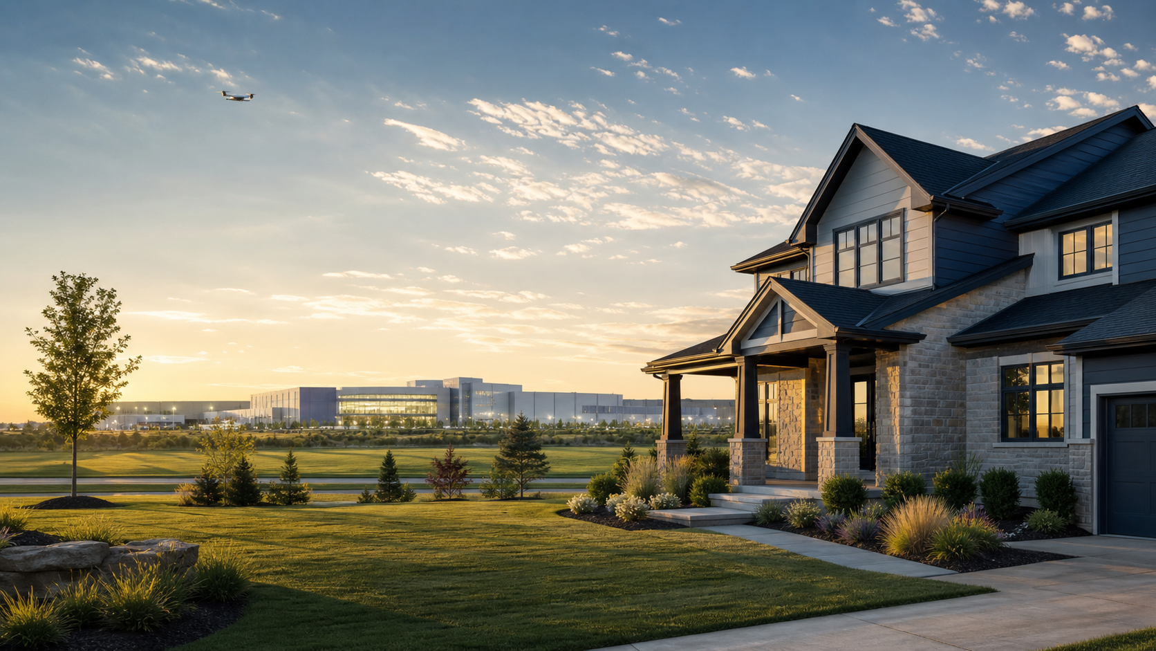 Modern Central Ohio home near advanced aerospace manufacturing facility at golden hour