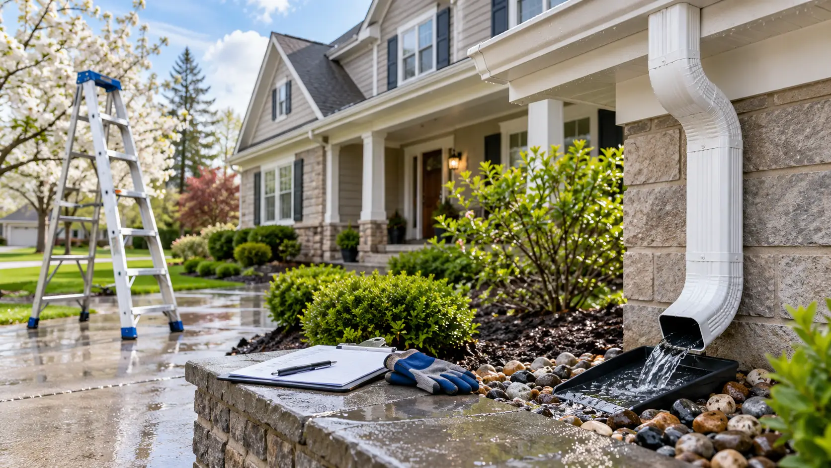 Central Ohio homeowner inspecting gutters and exterior maintenance in spring