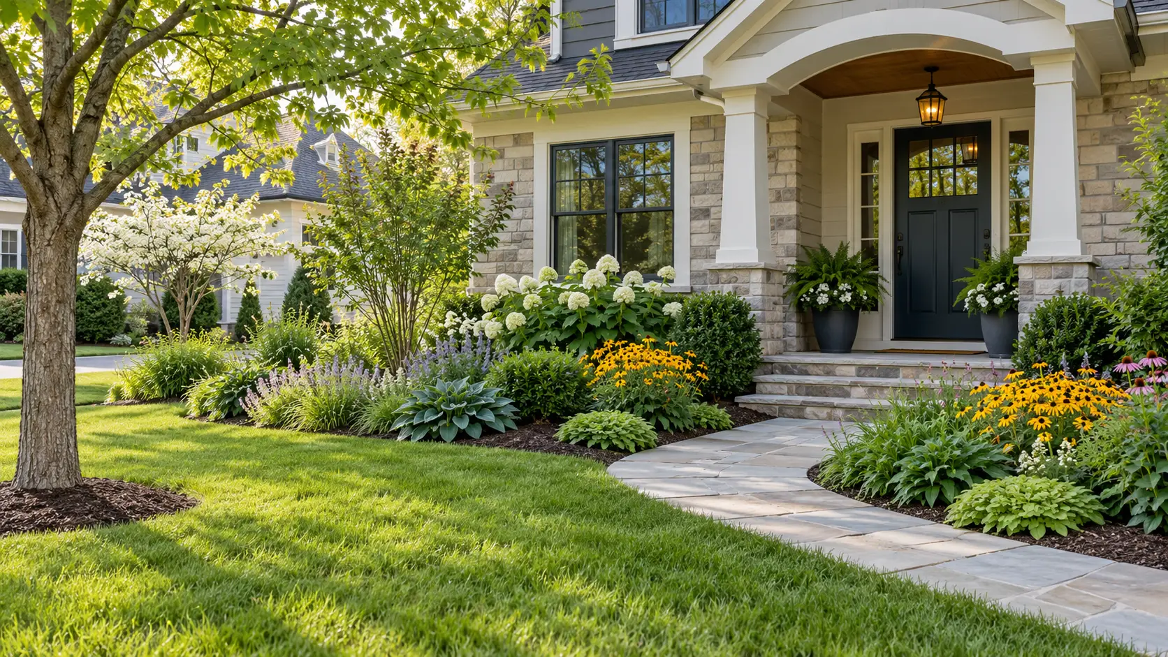 Well-maintained Central Ohio home landscaping with native plants and clean edging