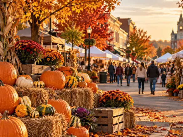 Central Ohio fall festival with pumpkins, autumn decorations, and families
