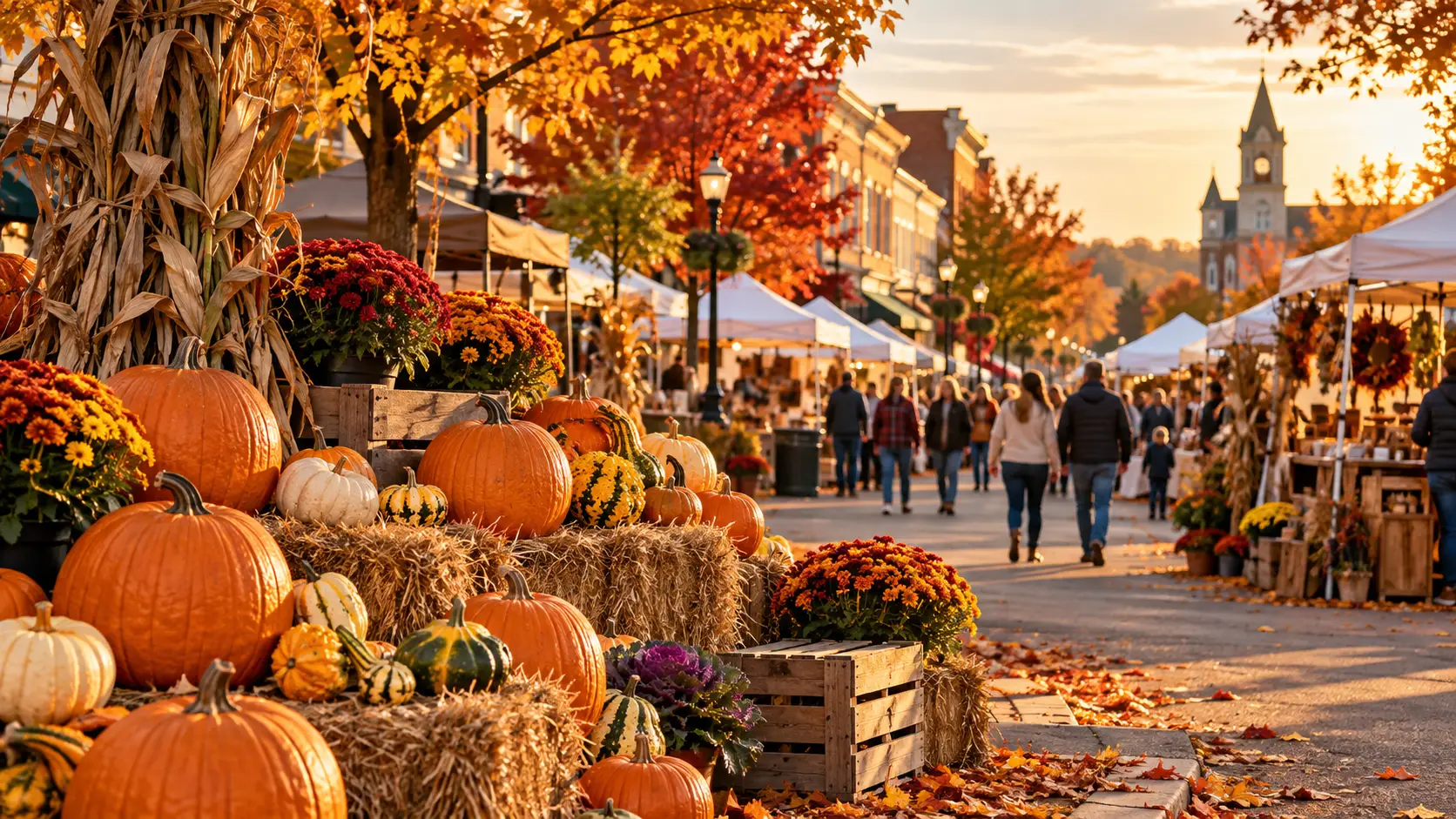 Central Ohio fall festival with pumpkins, autumn decorations, and families