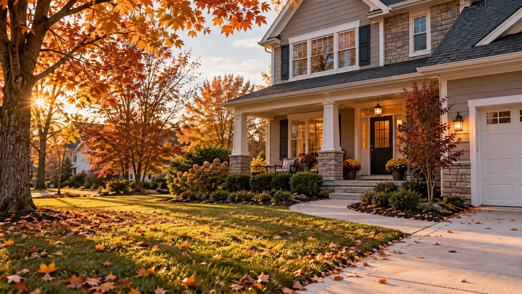 Central Ohio home prepared for a fall sale with seasonal landscaping