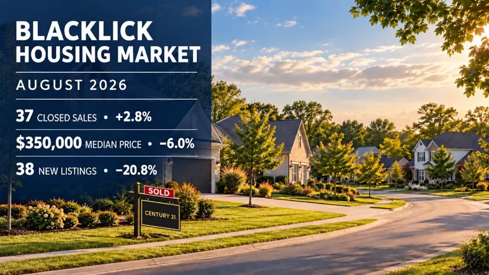 Blacklick housing market statistics for August 2026 with a black and gold Century 21 sold sign