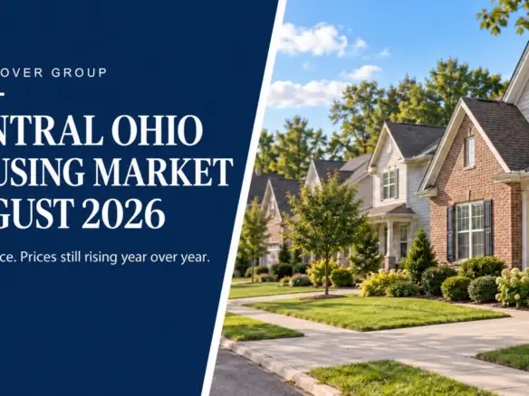 Central Ohio housing market update for August 2026 with an illustration of suburban homes.