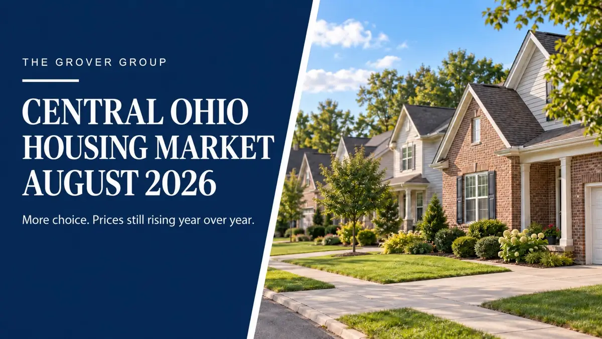 Central Ohio housing market update for August 2026 with an illustration of suburban homes.