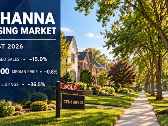 Gahanna housing market statistics for August 2026 with a black and gold Century 21 sold sign