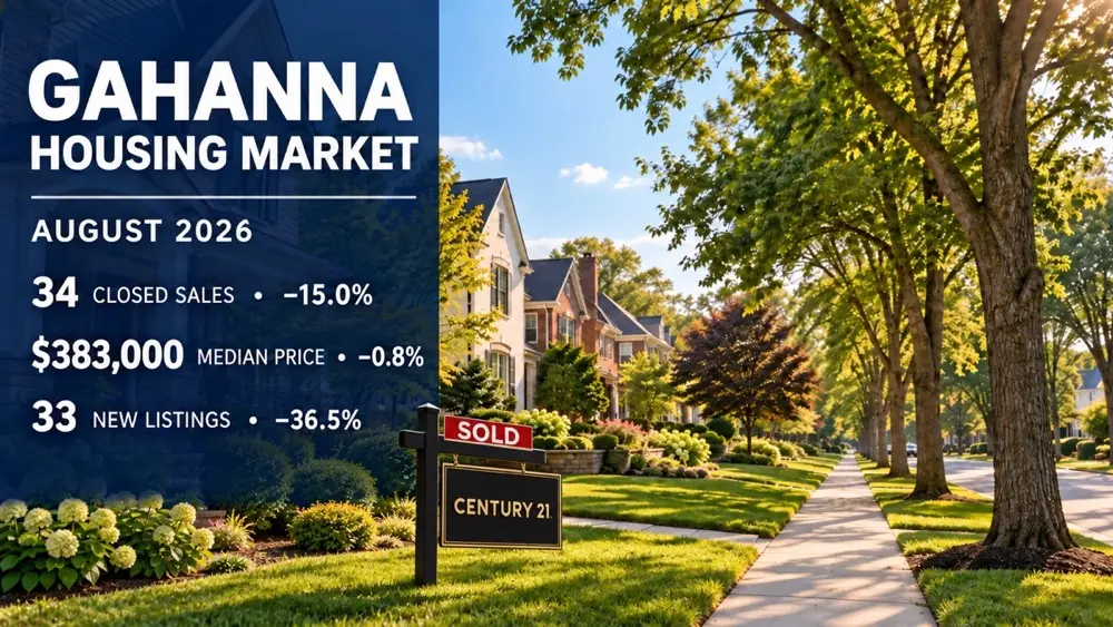 Gahanna housing market statistics for August 2026 with a black and gold Century 21 sold sign