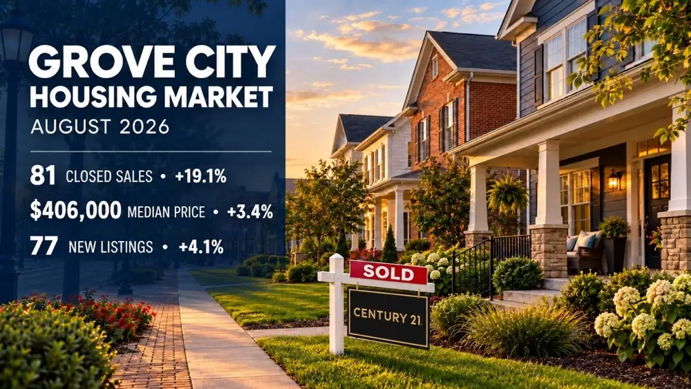 Grove City housing market statistics for August 2026 with a black and gold Century 21 sold sign