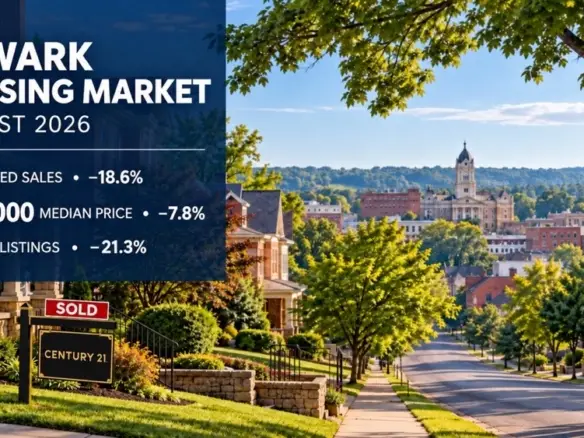 Newark housing market statistics for August 2026 with a black and gold Century 21 sold sign