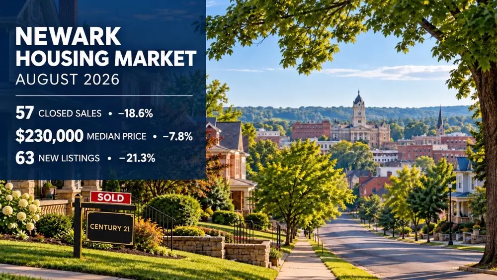 Newark housing market statistics for August 2026 with a black and gold Century 21 sold sign
