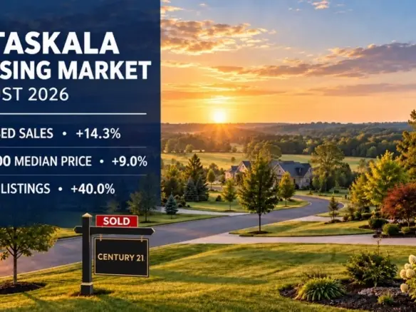 Pataskala housing market statistics for August 2026 with a black and gold Century 21 sold sign