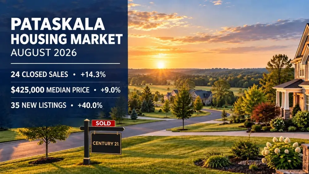 Pataskala housing market statistics for August 2026 with a black and gold Century 21 sold sign