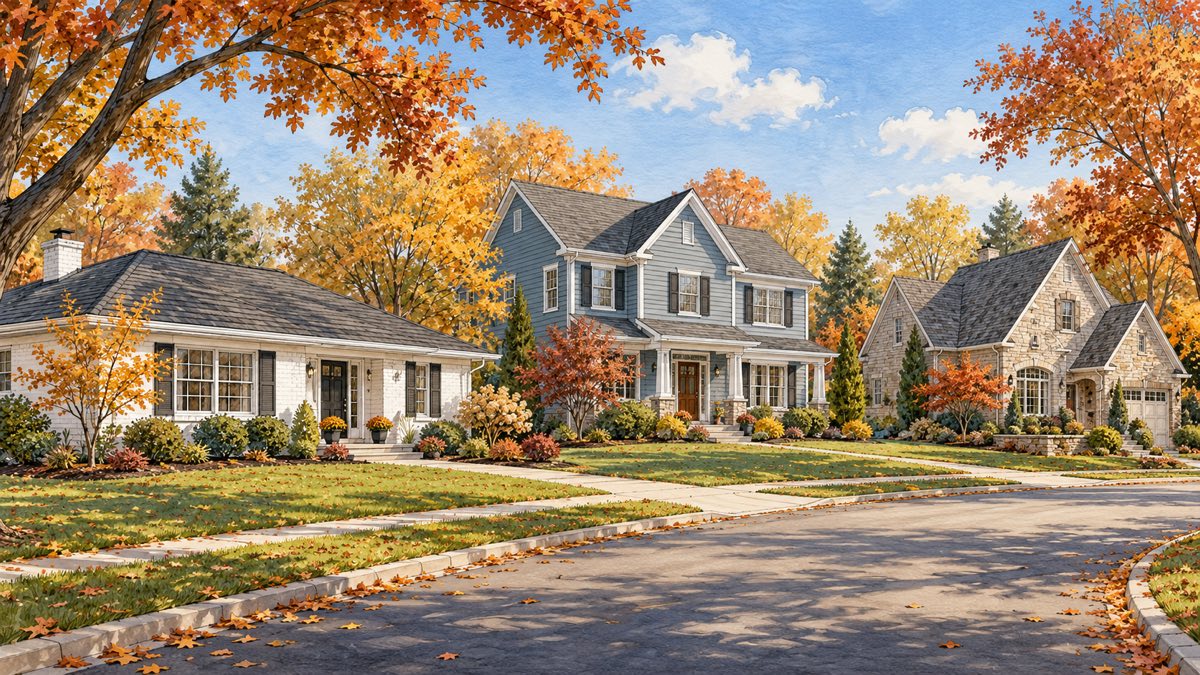 Illustration of three fictional homes with different floor plans on a suburban street in autumn.