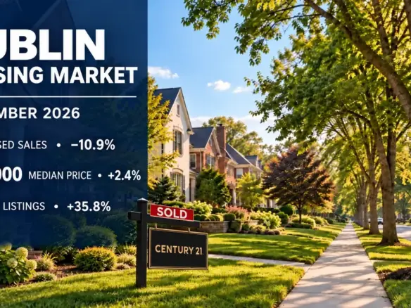 Dublin September 2026 housing market report: 49 closed sales, $640,000 median price and 72 new listings; Century 21 sold sign