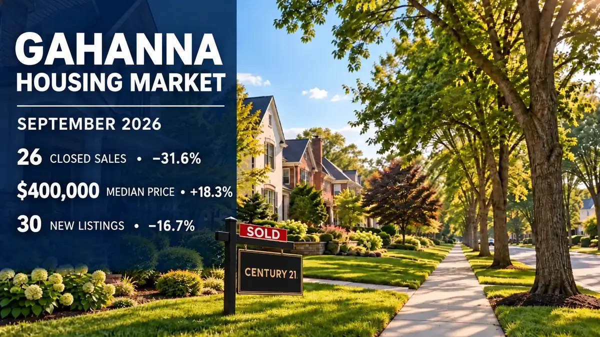 Gahanna September 2026 housing market report: 26 closed sales, $400,000 median price and 30 new listings; Century 21 sold sign