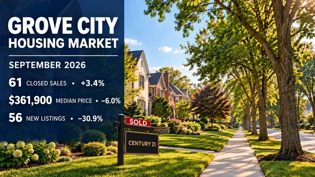 Grove City September 2026 housing market report: 61 closed sales, $361,900 median price and 56 new listings; Century 21 sold sign