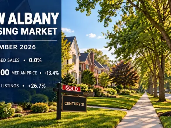 New Albany September 2026 housing market report: 13 closed sales, $679,000 median price and 19 new listings; Century 21 sold sign