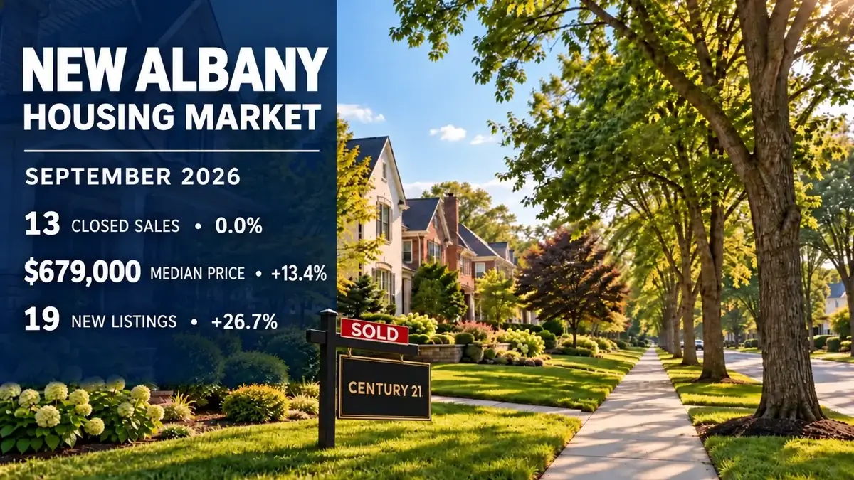 New Albany September 2026 housing market report: 13 closed sales, $679,000 median price and 19 new listings; Century 21 sold sign