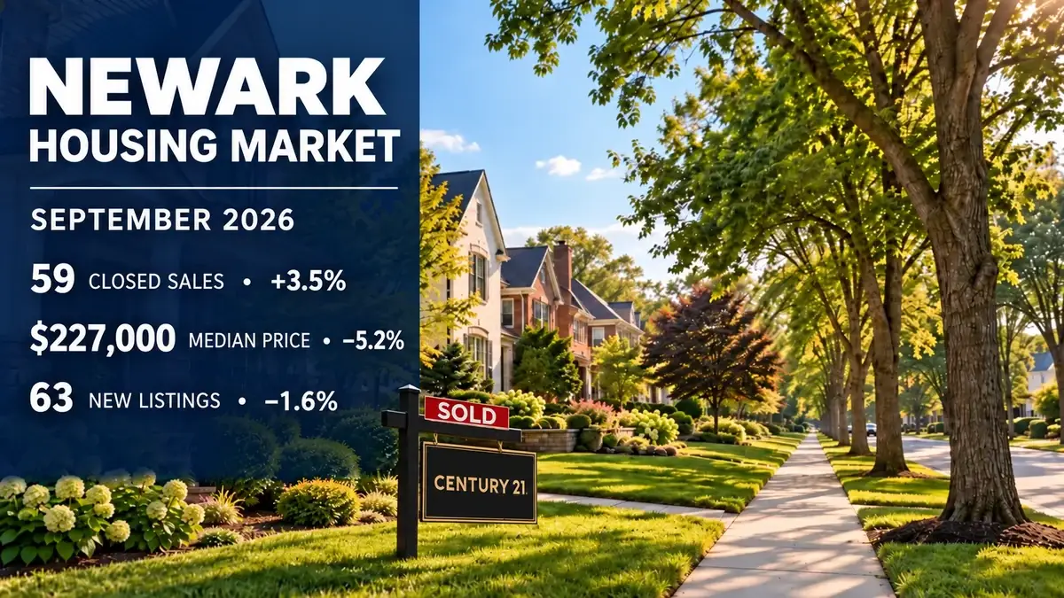 Newark September 2026 housing market report: 59 closed sales, $227,000 median price and 63 new listings; Century 21 sold sign