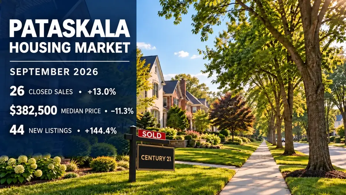 Pataskala September 2026 housing market report: 26 closed sales, $382,500 median price and 44 new listings; Century 21 sold sign