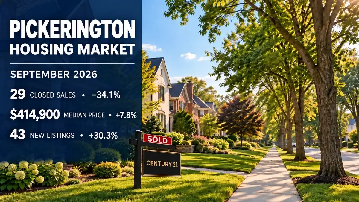 Pickerington September 2026 housing market report: 29 closed sales, $414,900 median price and 43 new listings; Century 21 sold sign
