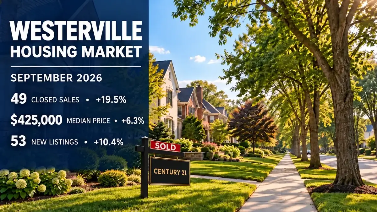 Westerville September 2026 housing market report: 49 closed sales, $425,000 median price and 53 new listings; Century 21 sold sign